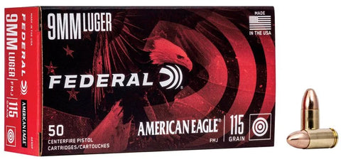 Federal American Eagle Ammunition 9mm Luger 115 Grain Full Metal Jacket (50pk)