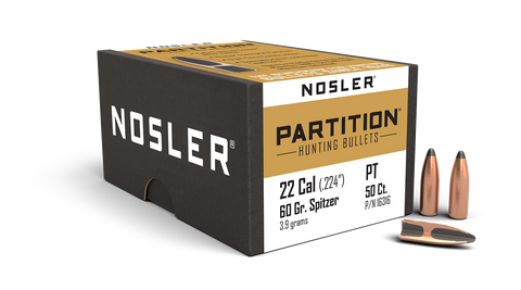 Nosler Partition 22 Caliber (224 Diameter) 60 Grain Spitzer (50pk)