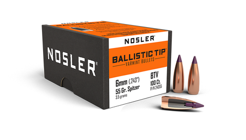 Nosler Ballistic Tip Varmint Bullets 243 Caliber and 6mm (243 Diameter) 55 Grain Spitzer Boat Tail (100pk)