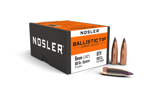 Nosler Ballistic Tip Varmint Bullets 243 Caliber, 6mm (243 Diameter) 80 Grain Spitzer Boat Tail (100pk)