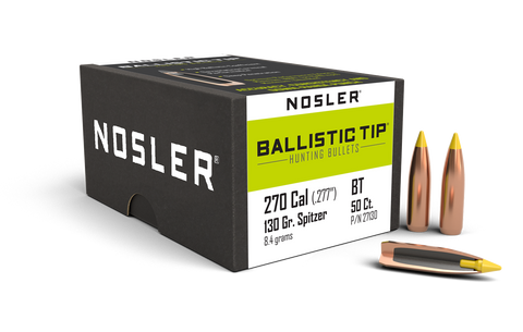 Nosler Ballistic Tip Hunting Bullets 270 Caliber (277 Diameter) 130 Grain Spitzer (50pk)