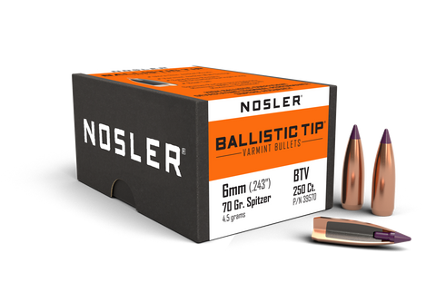 Nosler Ballistic Tip Varmint Bullets 243 Caliber and 6mm (243 Diameter) 70 Grain Spitzer Boat Tail (250pk)