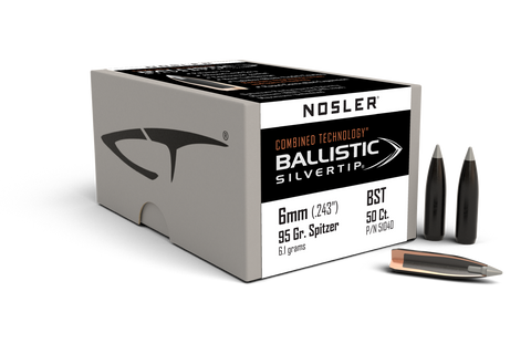 Nosler Combined Technology Ballistic Silvertip Hunting Bullets 243 Caliber, 6mm (243 Diameter) 95 Grain Boat Tail (50pk)