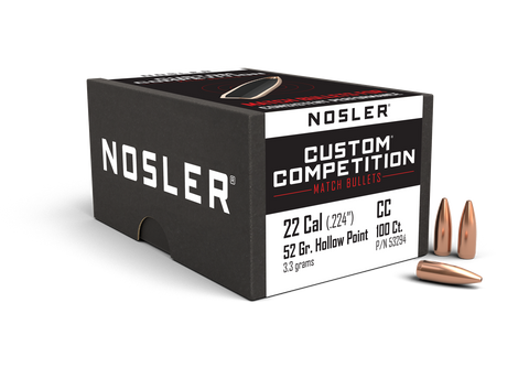 Nosler Custom Competition Bullets 22 Caliber (224 Diameter) 52 Grain Hollow Point Boat Tail (100Pk)