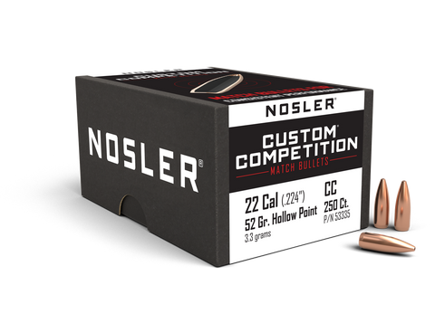 Nosler Custom Competition Bullets 22 Caliber (224 Diameter) 52 Grain Hollow Point Boat Tail (250Pk)