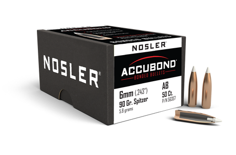 Nosler AccuBond Bullets 243 Caliber, 6mm (243 Diameter) 90 Grain Bonded Spitzer Boat Tail (50pk)