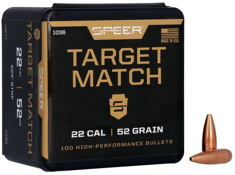 Speer Target Match Bullets 22 Caliber (224 Diameter) 52 Grain Hollow Point Boat Tail (100pk)