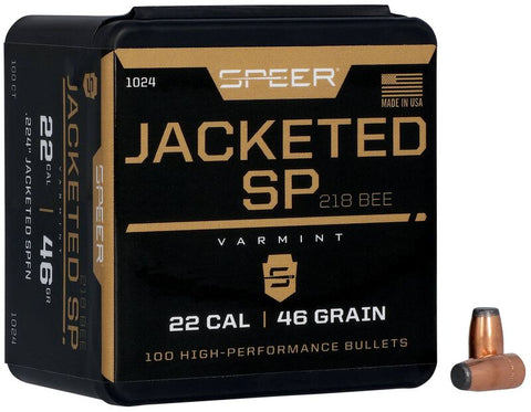 Speer Varmint Bullets 218 Bee (224 Diameter) 46 Grain Jacketed Soft Point Flat Nose (100pk)